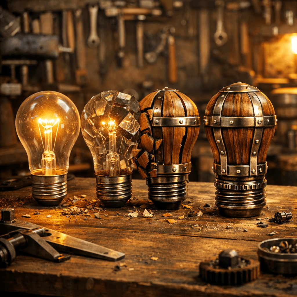 Four light bulbs with different materials and designs from glass to wood with metal