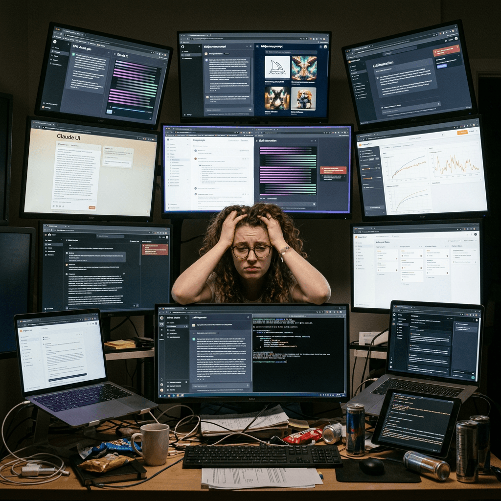 Woman sitting at desk with multiple computer screens showing code and analytics, holding her head in frustration