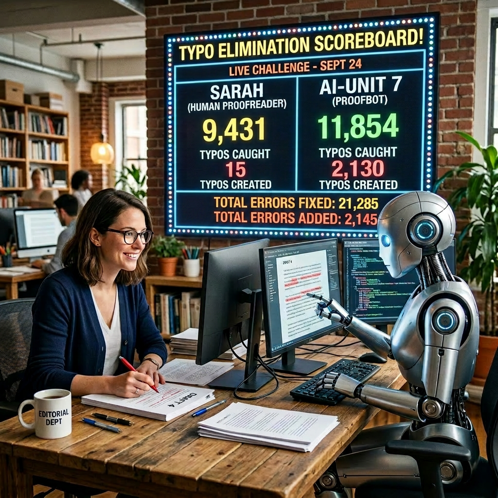 Scoreboard showing human and AI typo catching scores with woman and robot proofreading