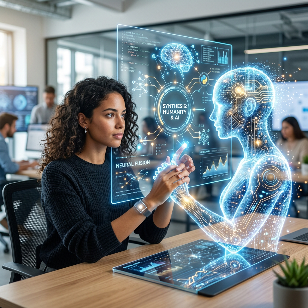 Woman interacting with holographic AI interface about neural fusion and human-AI synthesis